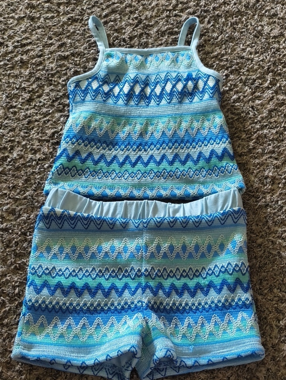 btween Blue & Aqua Zigzag Knit Tank And Shorts Set